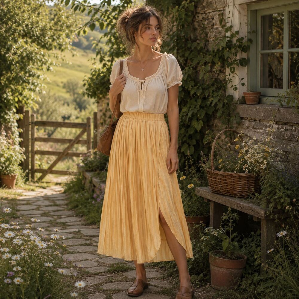 7th‎ Avenue Design Studio Yellow Pleated Skirt XL Lagenlook Cottagecore Festival
